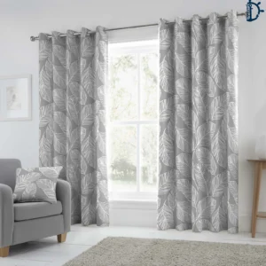 Leaf Fall – Grey | Lined Printed Curtain Set | Eyelet Curtains