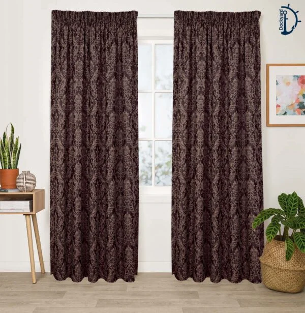 Royal Damask Chocolate Curtain | Set of TWO Lined curtains for room | Tape Top Curtain