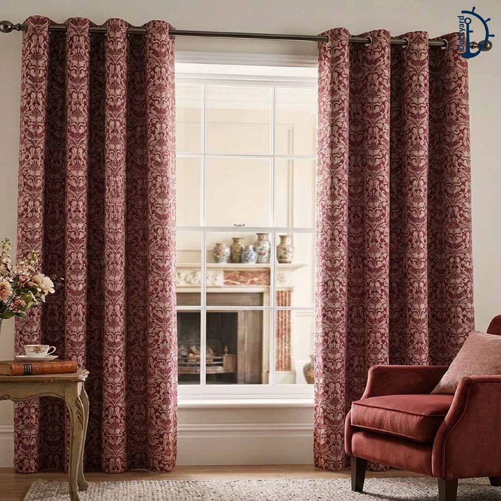 Petal Damask Jacquard Curtains-Golden Red | Lined Curtains Pair | Tape top